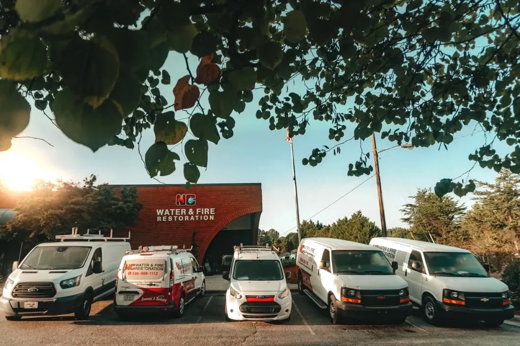 Outside shot of NC Water and Fire disaster recovery services company with fleet of vehicles