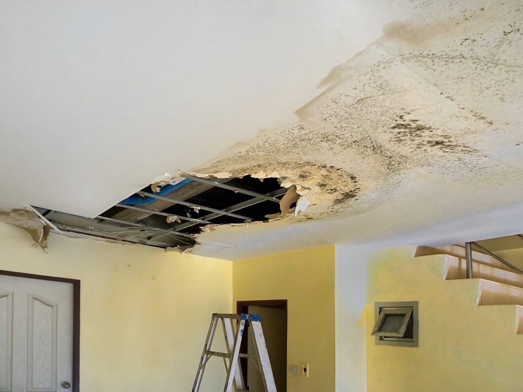 picture of a ceiling with water damage needing North Carolina restoration services