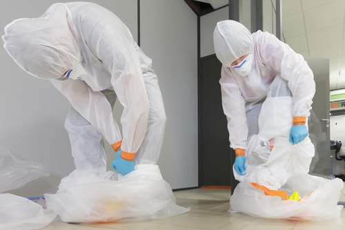 Two workers in hazmat suits from an asbestos removal services company bag contaminated materials